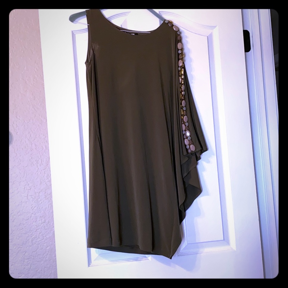 Olive green asymmetrical beaded shift dress